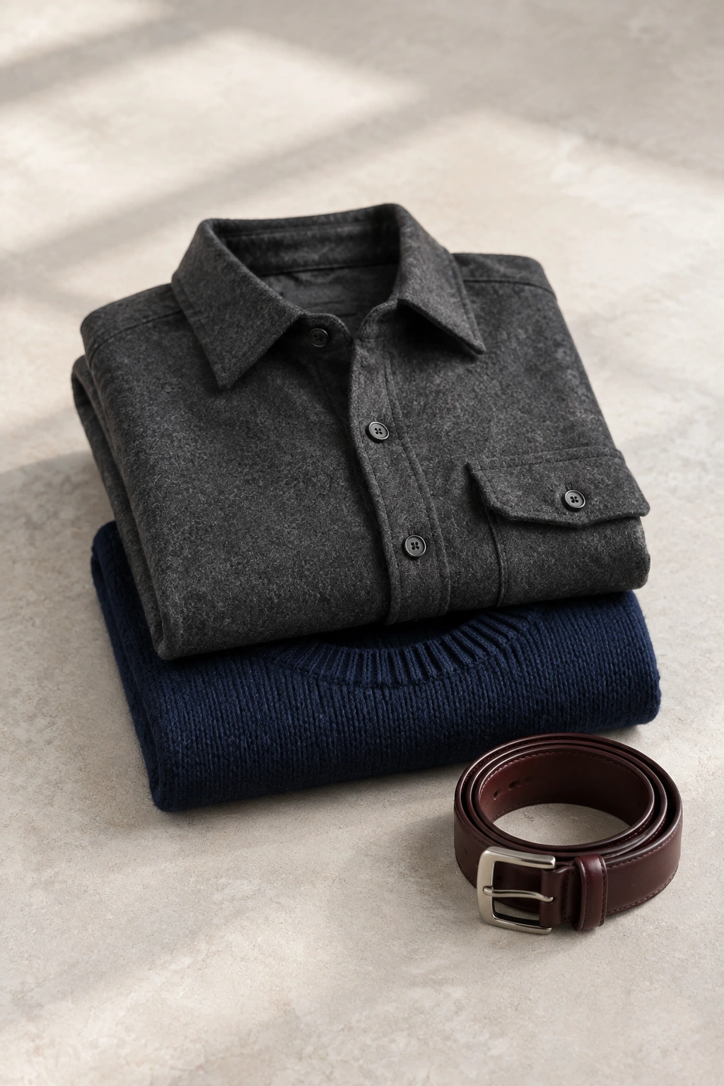 Men's overshirt and knitwear folded together on a light background