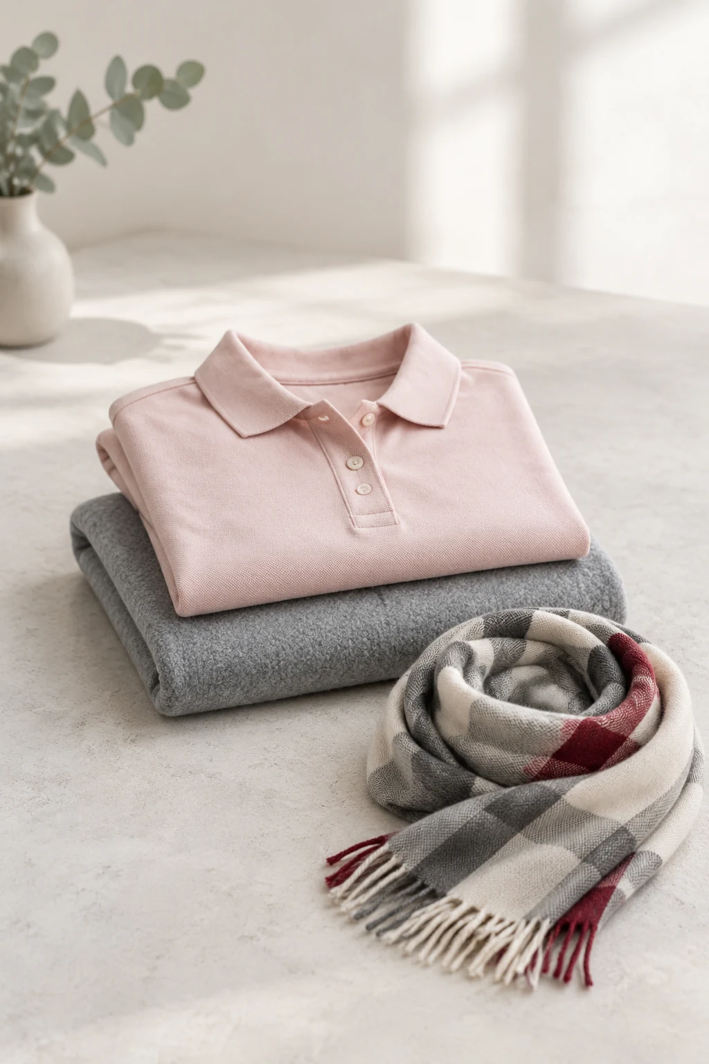 Women's fleece and polo shirt arranged on a light background