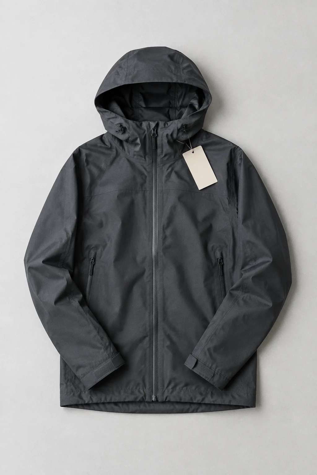 Waterproof shell jacket photographed flat on a neutral background