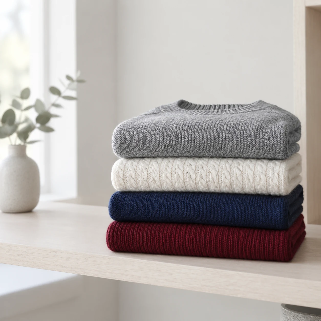 Folded knitwear stacked on a shelf