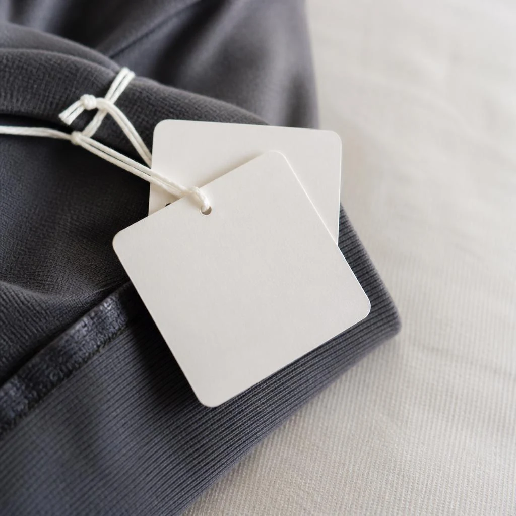 Swing tags attached to a garment sleeve