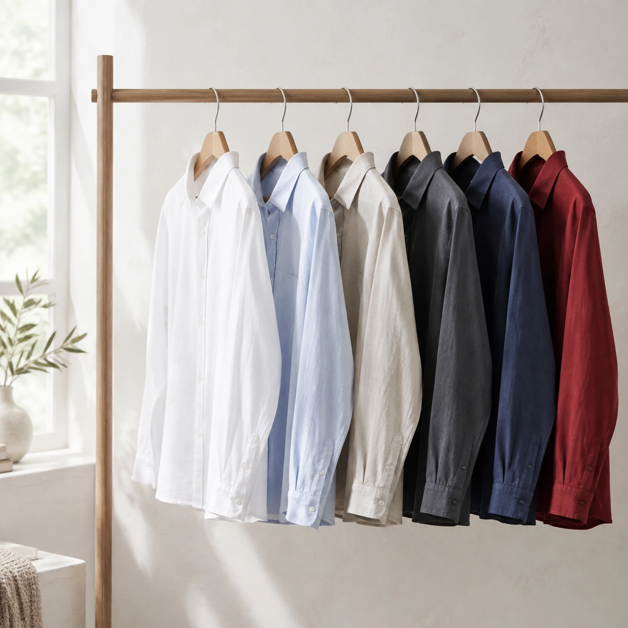 Rail of hanging shirts in neutral colours