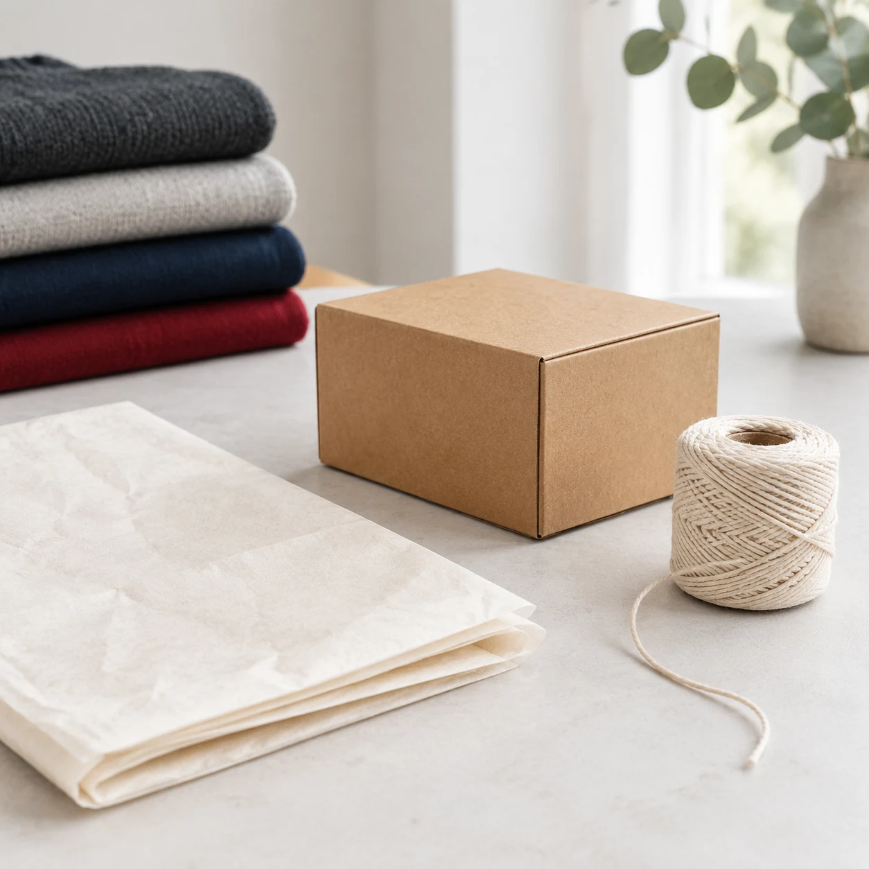 Brown paper and a packing box on a table