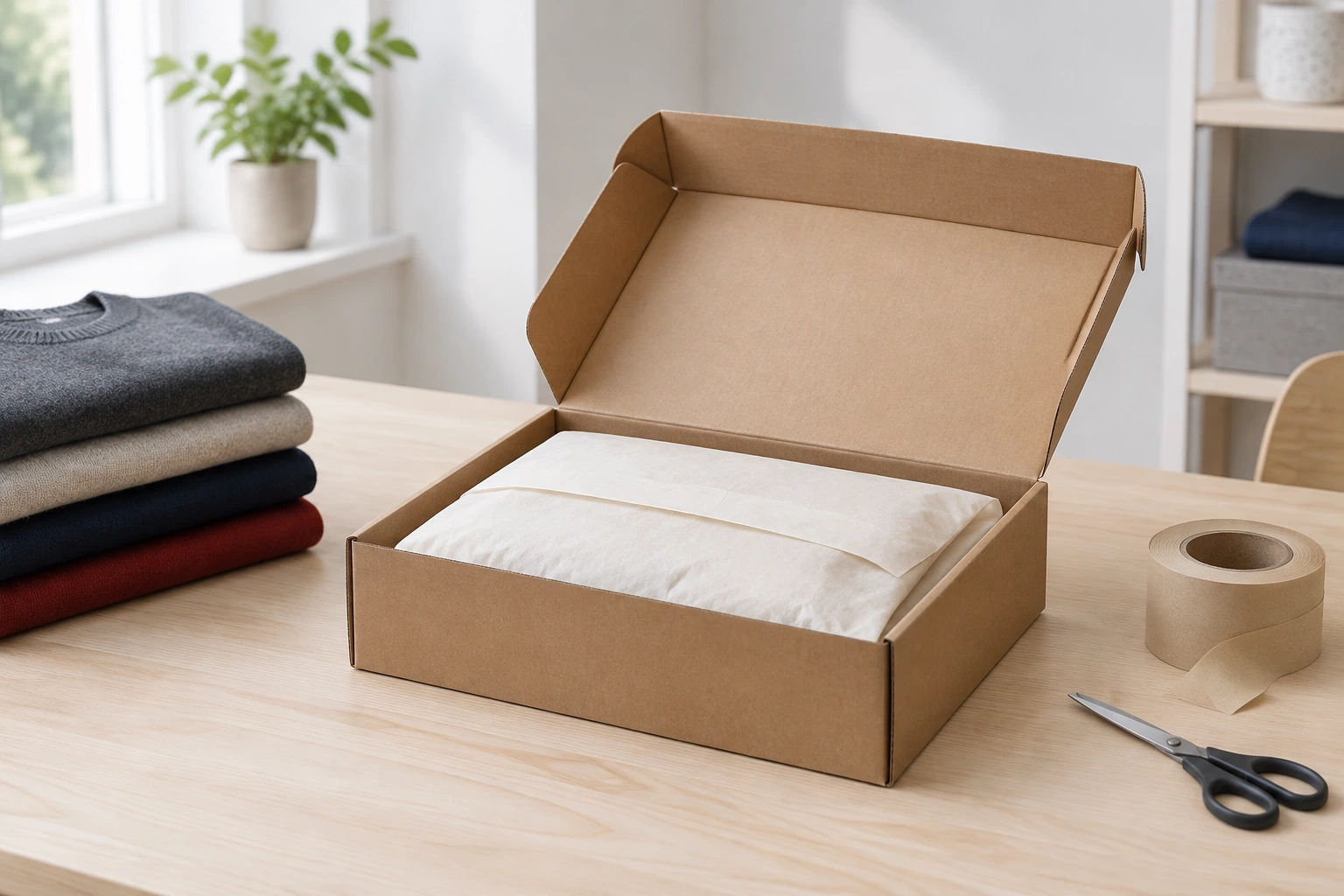 Cardboard box and tissue paper prepared for dispatch on a work table
