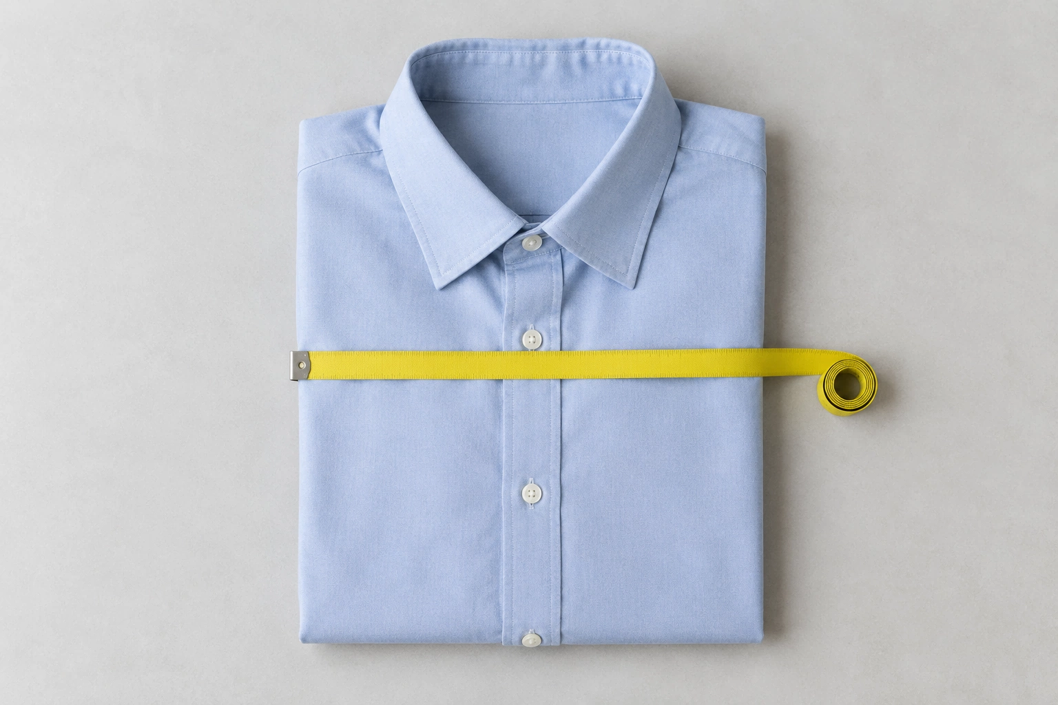 Tape measure laid across a folded shirt on a neutral surface