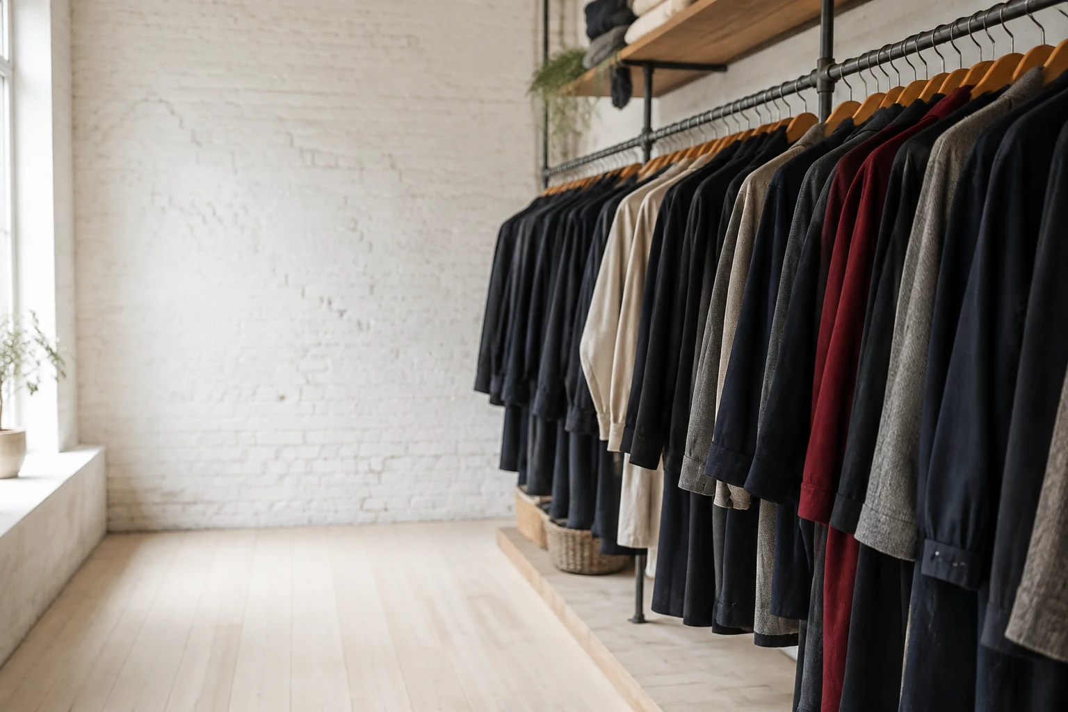 Rails of folded and hanging clothing in a bright stockroom