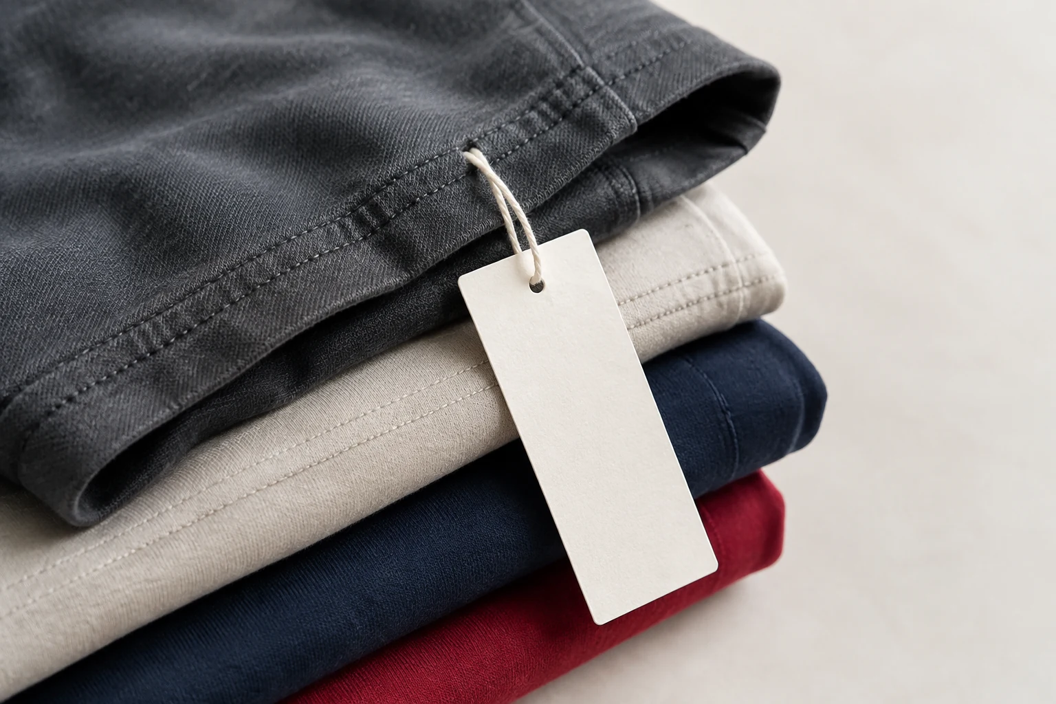 Close-up of stitched seams and a swing tag on a cotton garment