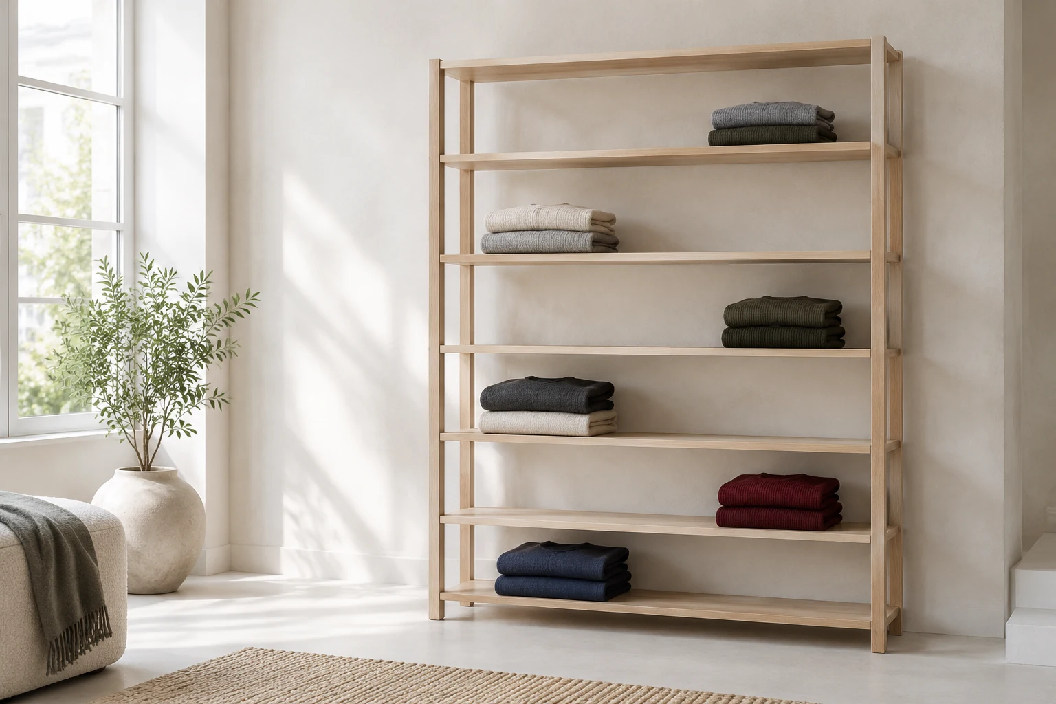 Shelving with a small number of folded garments in neutral tones