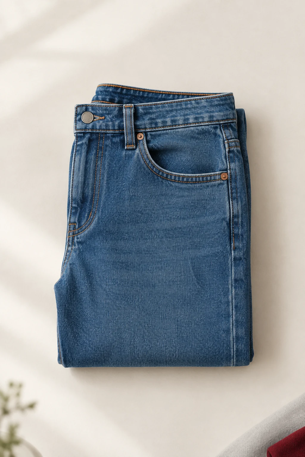 Pair of slim denim jeans folded on a neutral surface