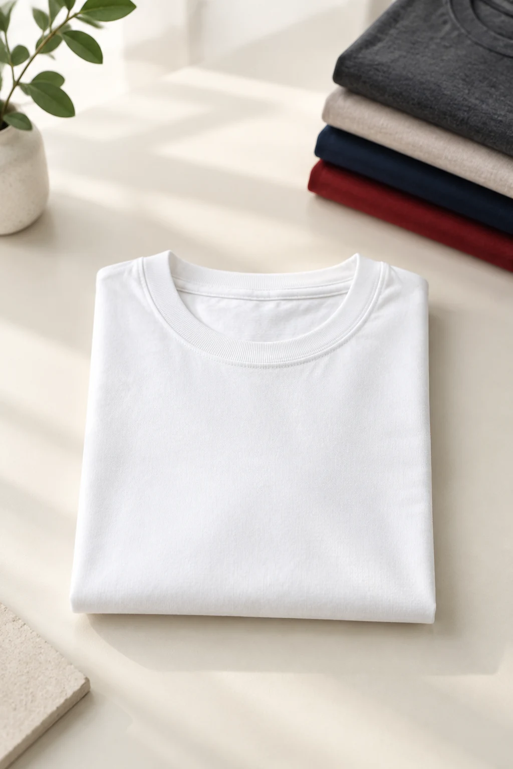 Plain cotton crew neck T-shirt folded on a neutral surface