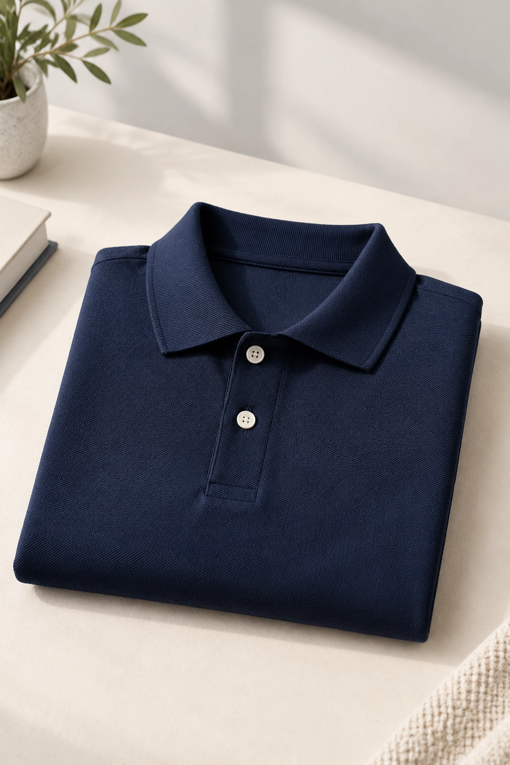 Piqué cotton polo shirt folded on a neutral surface