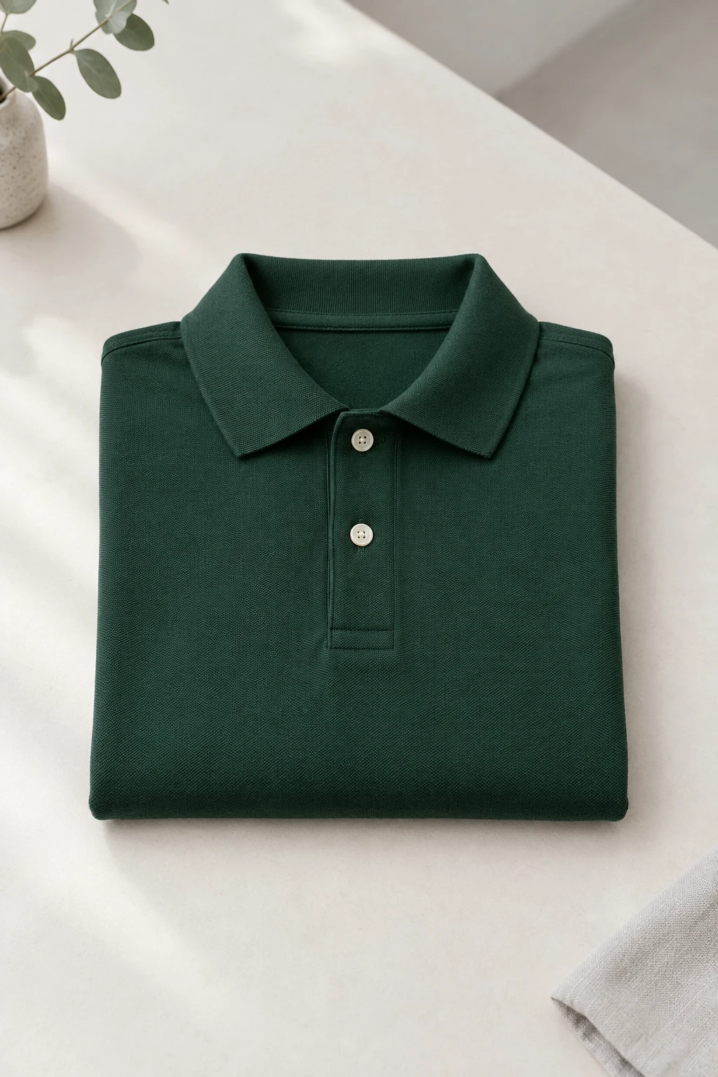 Short sleeve piqué polo shirt folded on a neutral surface