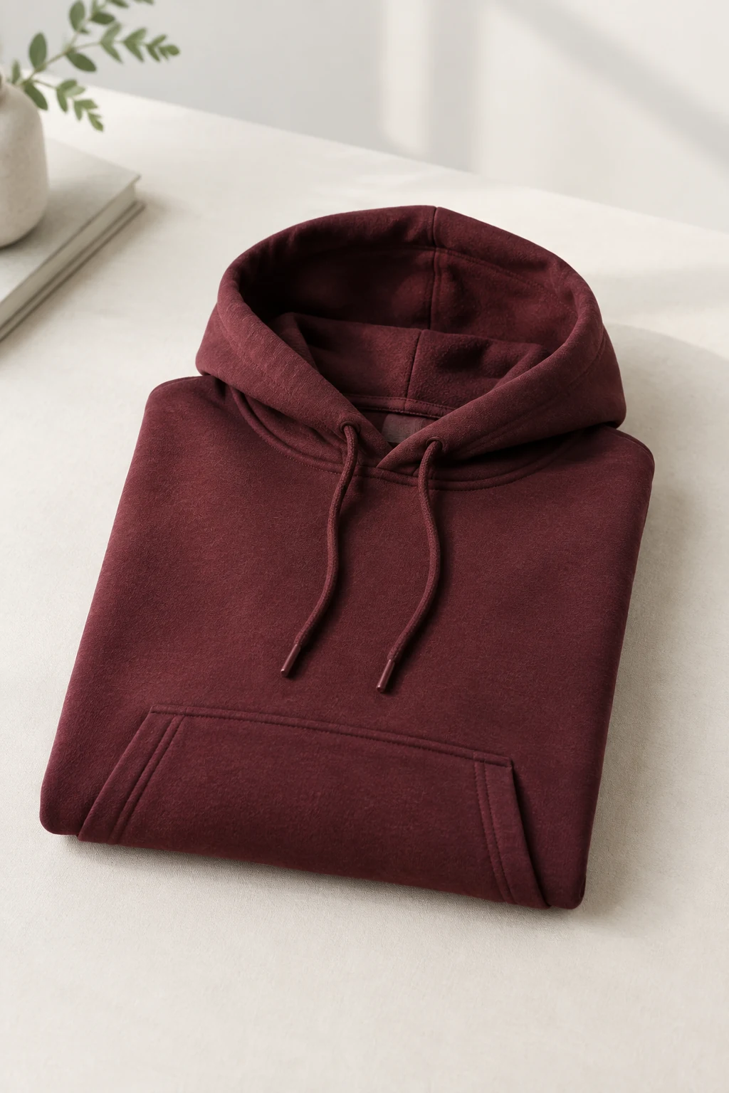 Brushed-back hooded sweatshirt folded on a neutral surface